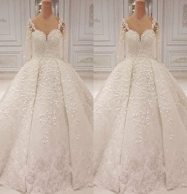 Romantic Sweetheart Wedding Dress Long Sleeves Lace Appliques Bridal Gowns On Sale