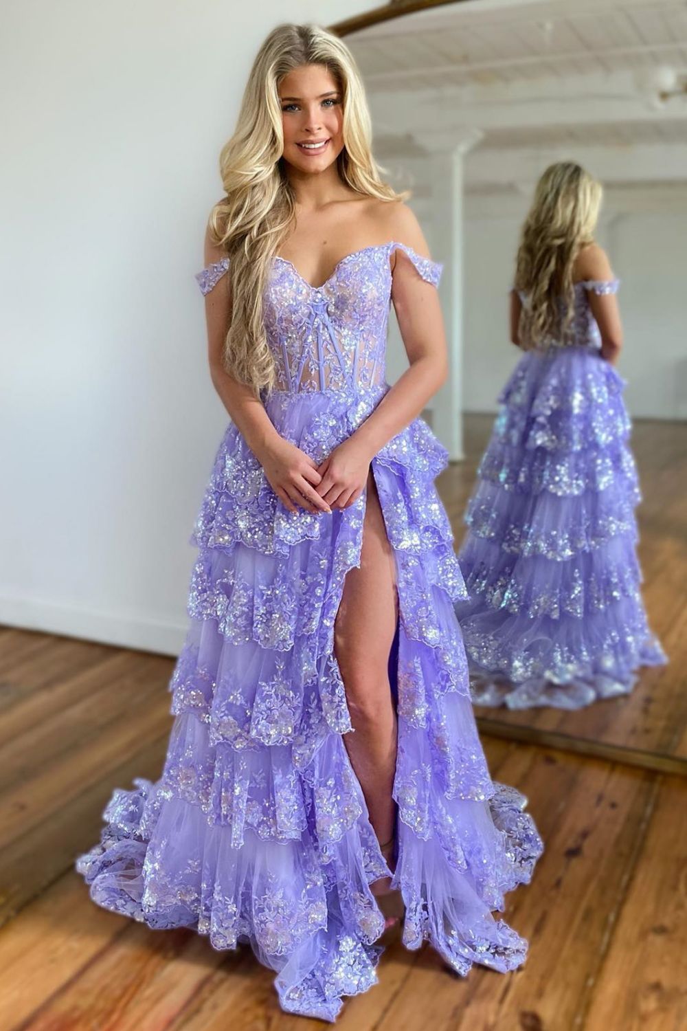Sparkly Black Off The Shoulder Long Tiered Corset Prom Dress With Sequin