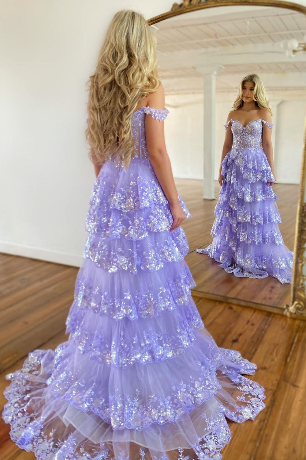 Sparkly Hot Pink A-Line Off The Shoulder Long Tiered Prom Dress With Appliques