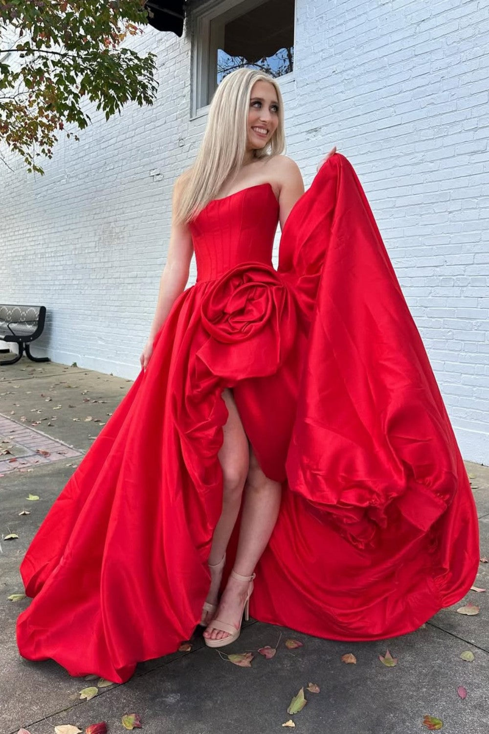 Trendy A Line Strapless Red Corset Prom Dress with 3D Flowers - View 3 | VelvetHem