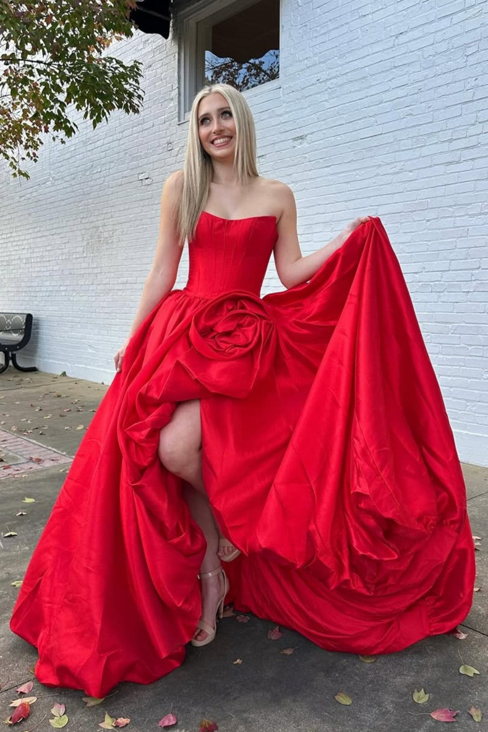 Trendy A Line Strapless Red Corset Prom Dress with 3D Flowers - View 6 | VelvetHem