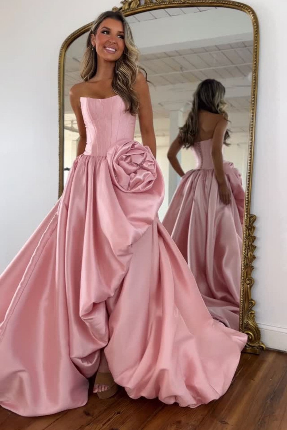 Trendy A Line Strapless Red Corset Prom Dress with 3D Flowers - View 7 | VelvetHem