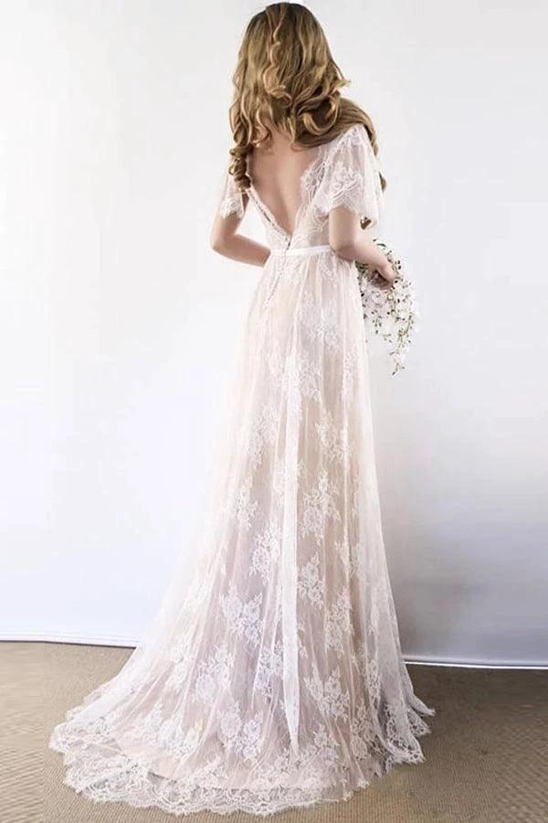 Romantic A-line White Lace Long Wedding Dress with Open Back WD111 by pgmdress