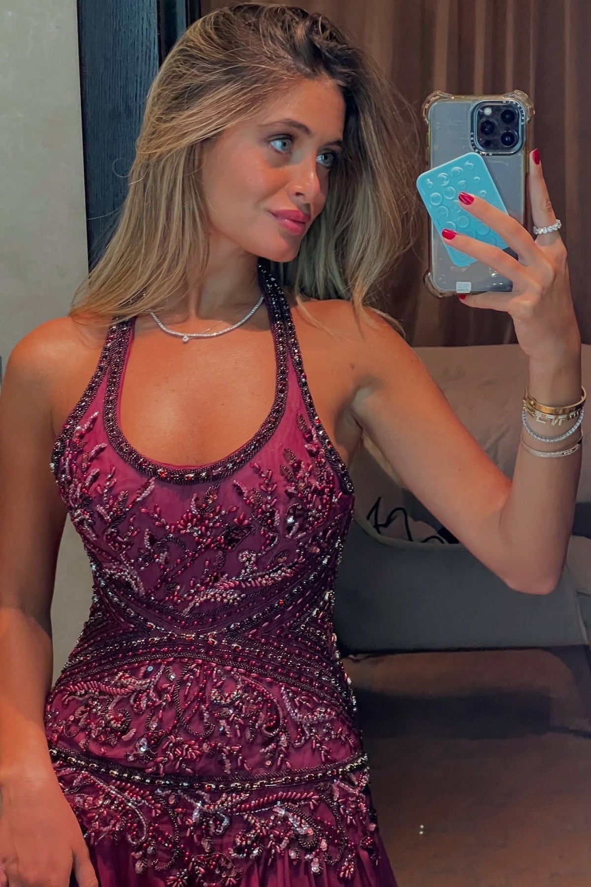 Gorgeous A Line Halter Neck Burgundy Long Party Dress with Beading Ruffles - View 7 | VelvetHem