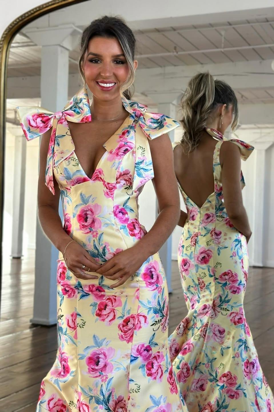 Romantic Bloom Mermaid V Neck Yellow Prom Dress with Bow Shoulders & Open Back