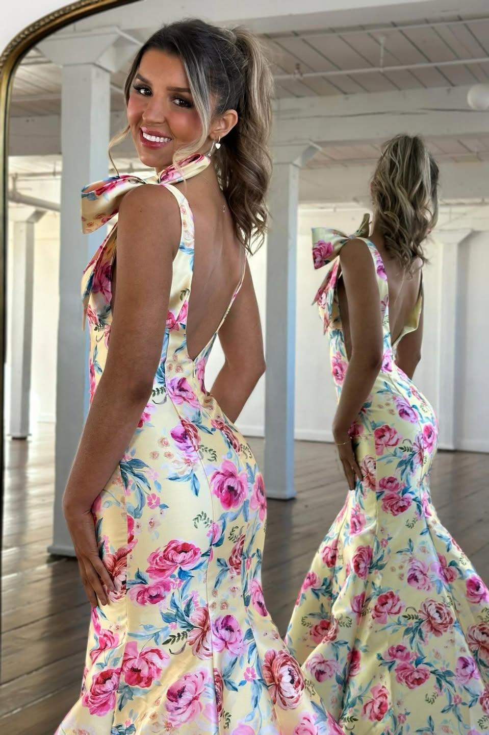 Romantic Bloom Mermaid V Neck Yellow Prom Dress with Bow Shoulders & Open Back