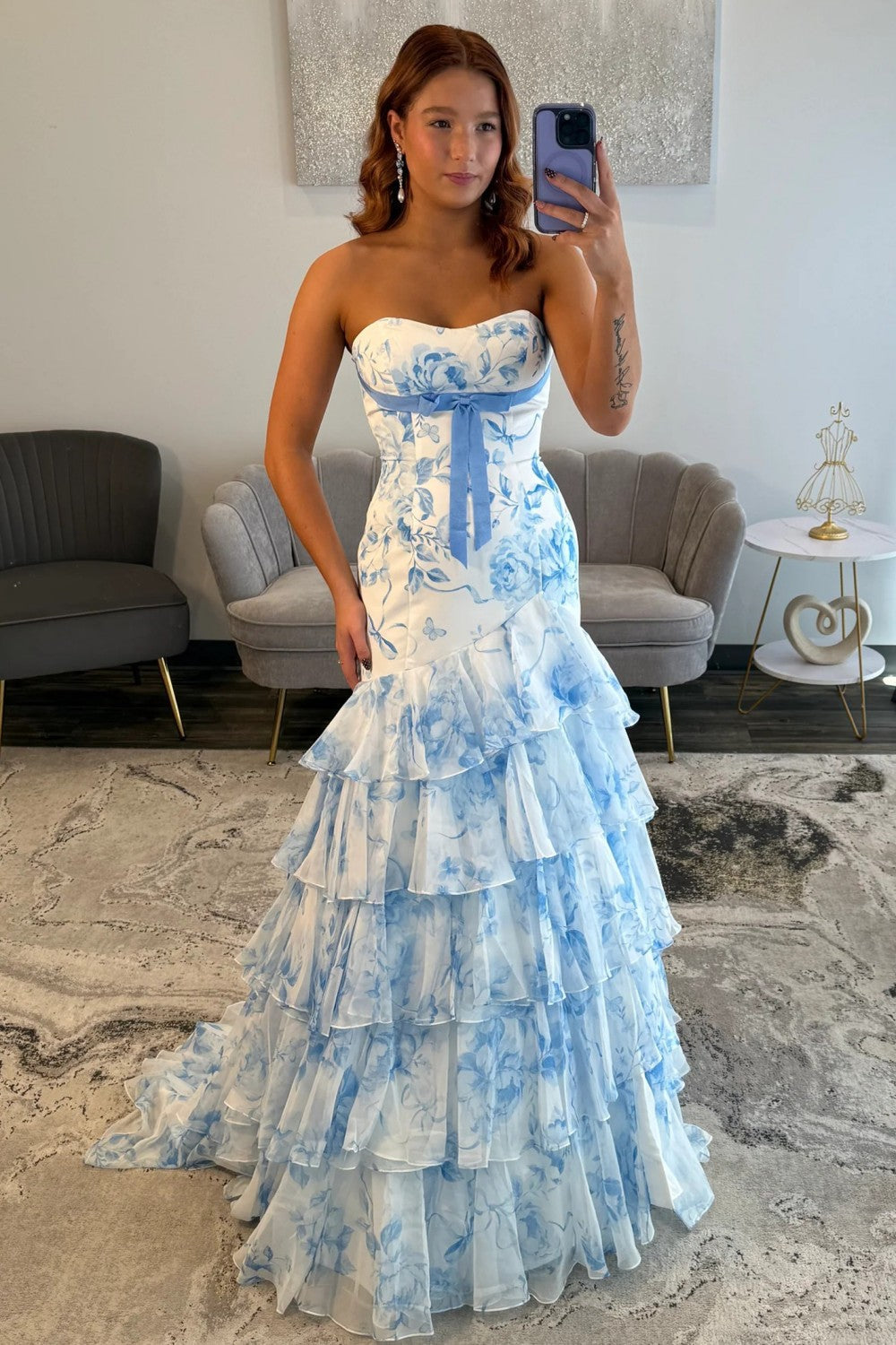 Charming Mermaid Strapless Blue Floral Printed Long Prom Dress with Layered Ruffle