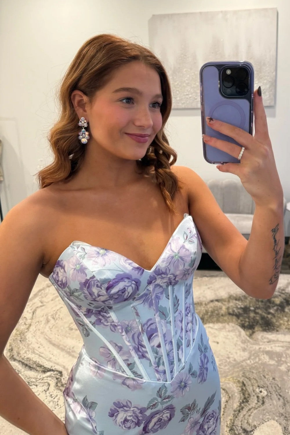 Glamorous Mermaid Sweetheart Light Blue Floral Printed Corset Prom Dress with Ruffles