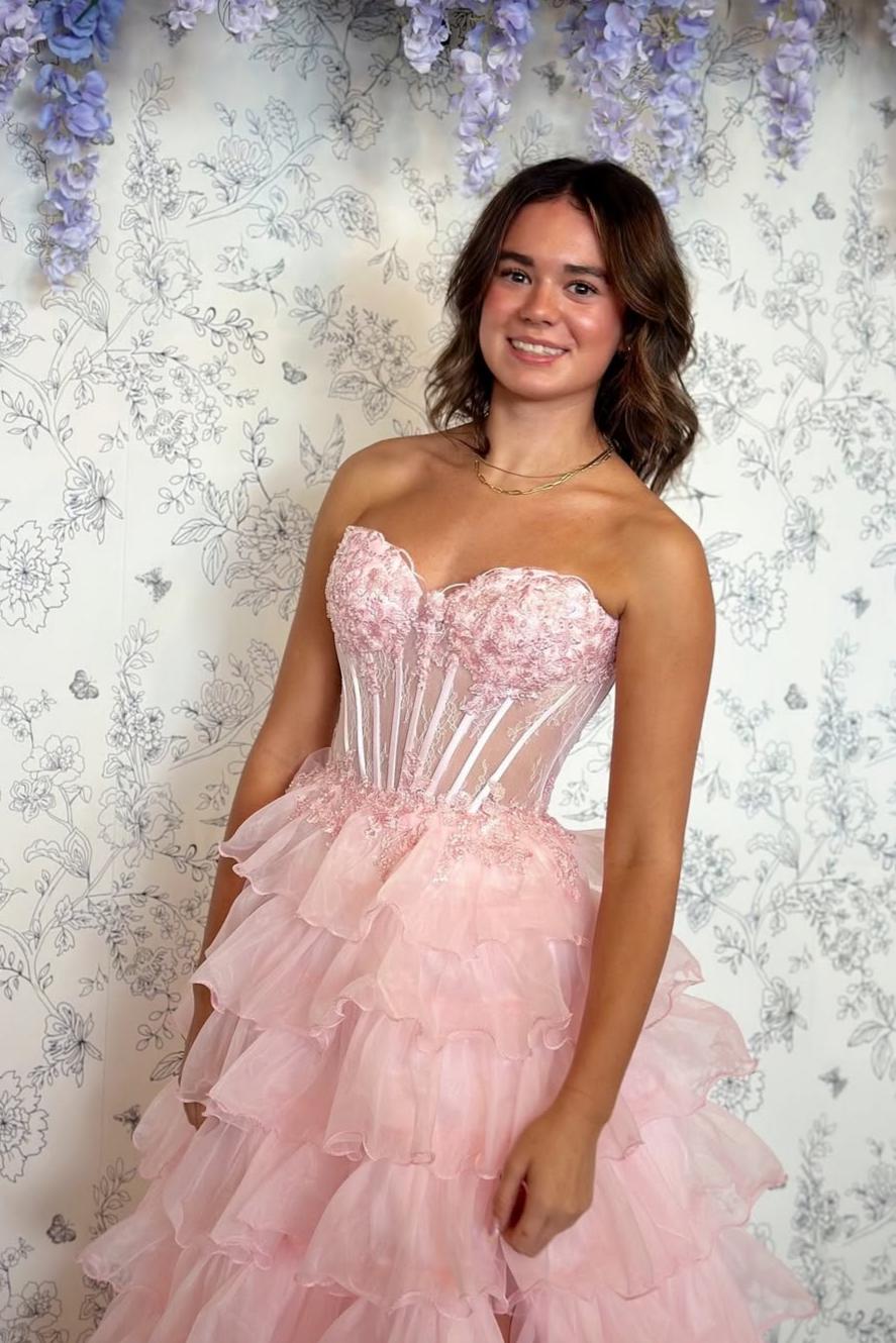Princess A Line Sweetheart Blush Pink Corset Tiered Tulle Prom Gown with Slit - View 3 | VelvetHem