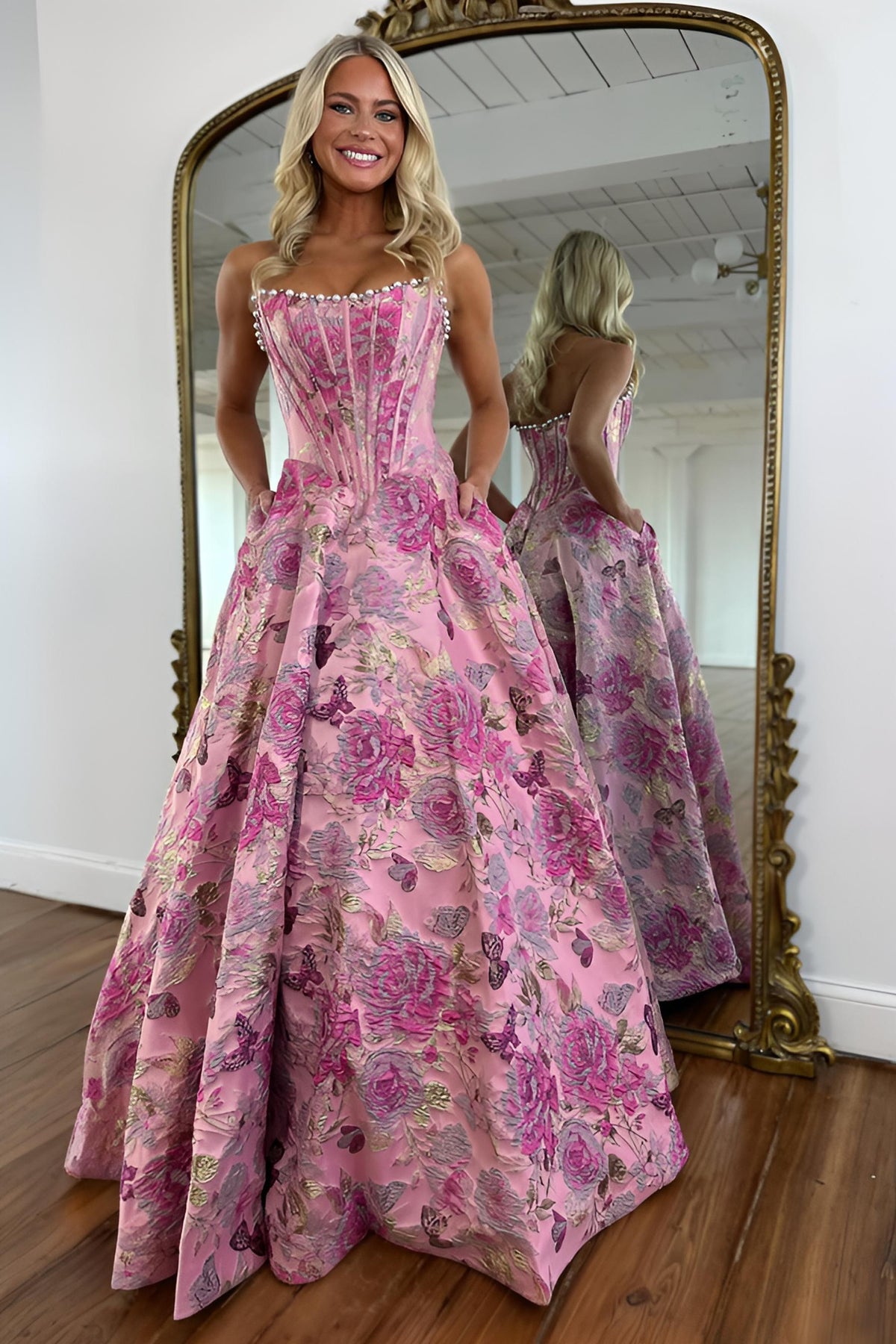 Stunning A Line Strapless Purple Floral Printed Long Prom Dress with Pearls - View 3 | VelvetHem