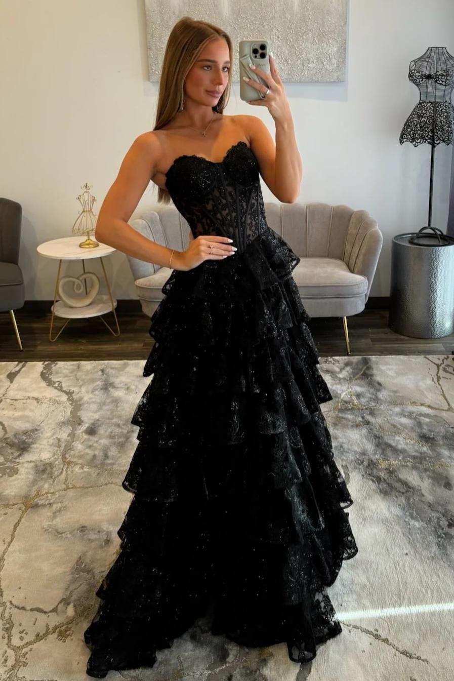 Gorgeous A Line Sweetheart Black Corset Prom Dress with Appliques Ruffles