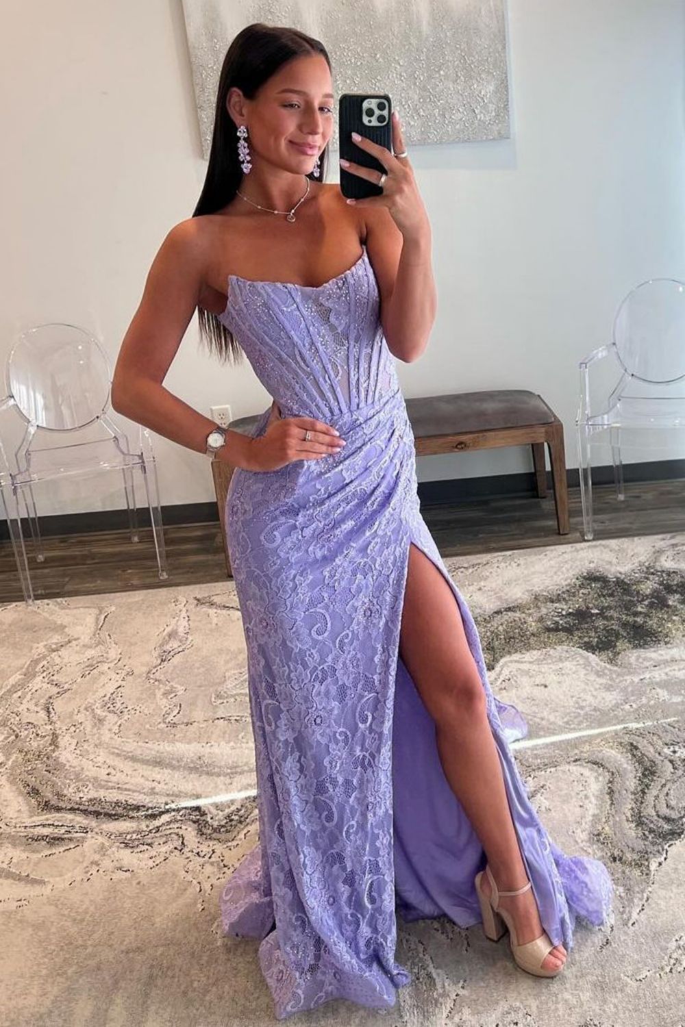 Romantic Lavender Mermaid Strapless Long Lace Prom Dress With Slit - View 6 | VelvetHem