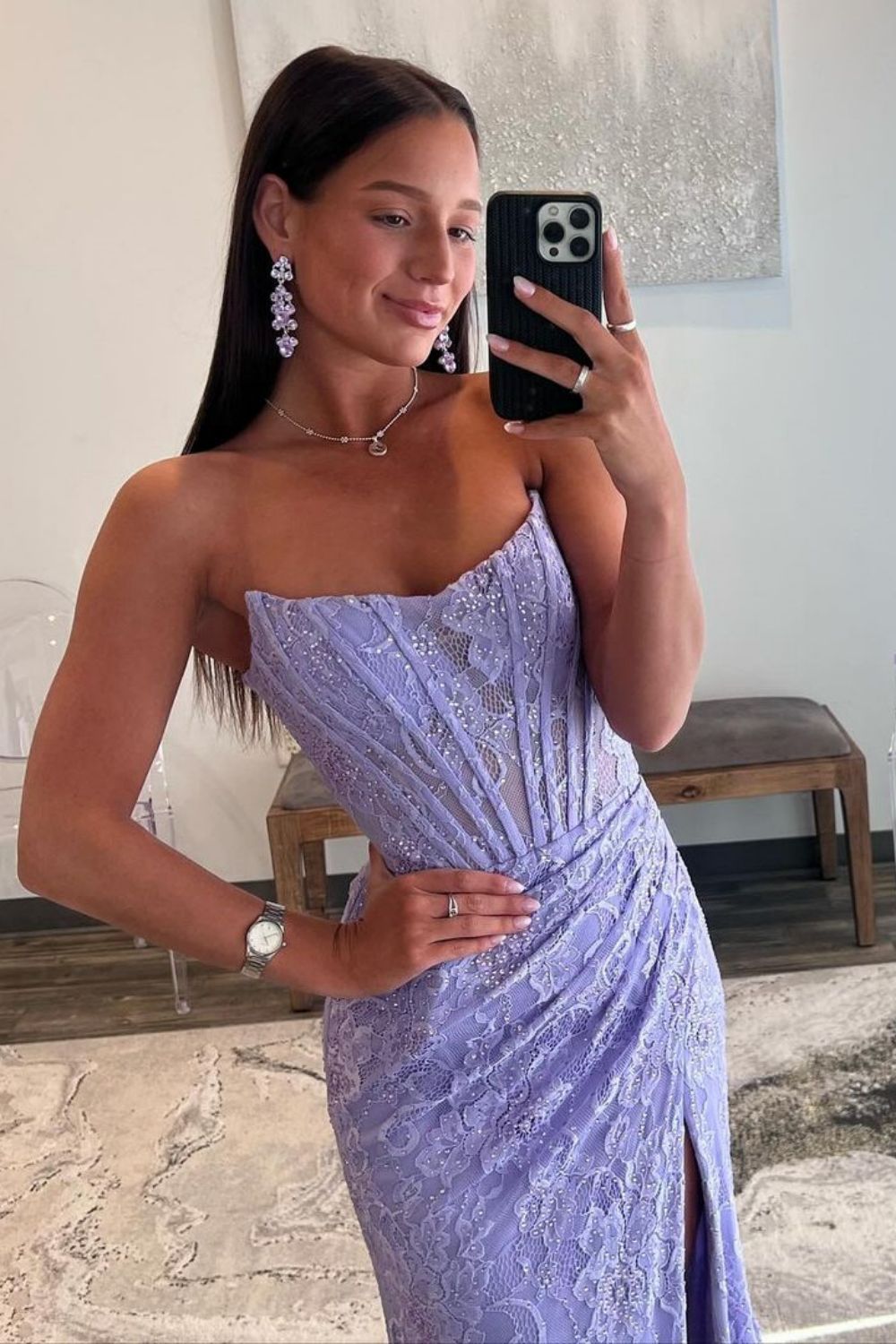 Romantic Lavender Mermaid Strapless Long Lace Prom Dress With Slit - View 7 | VelvetHem