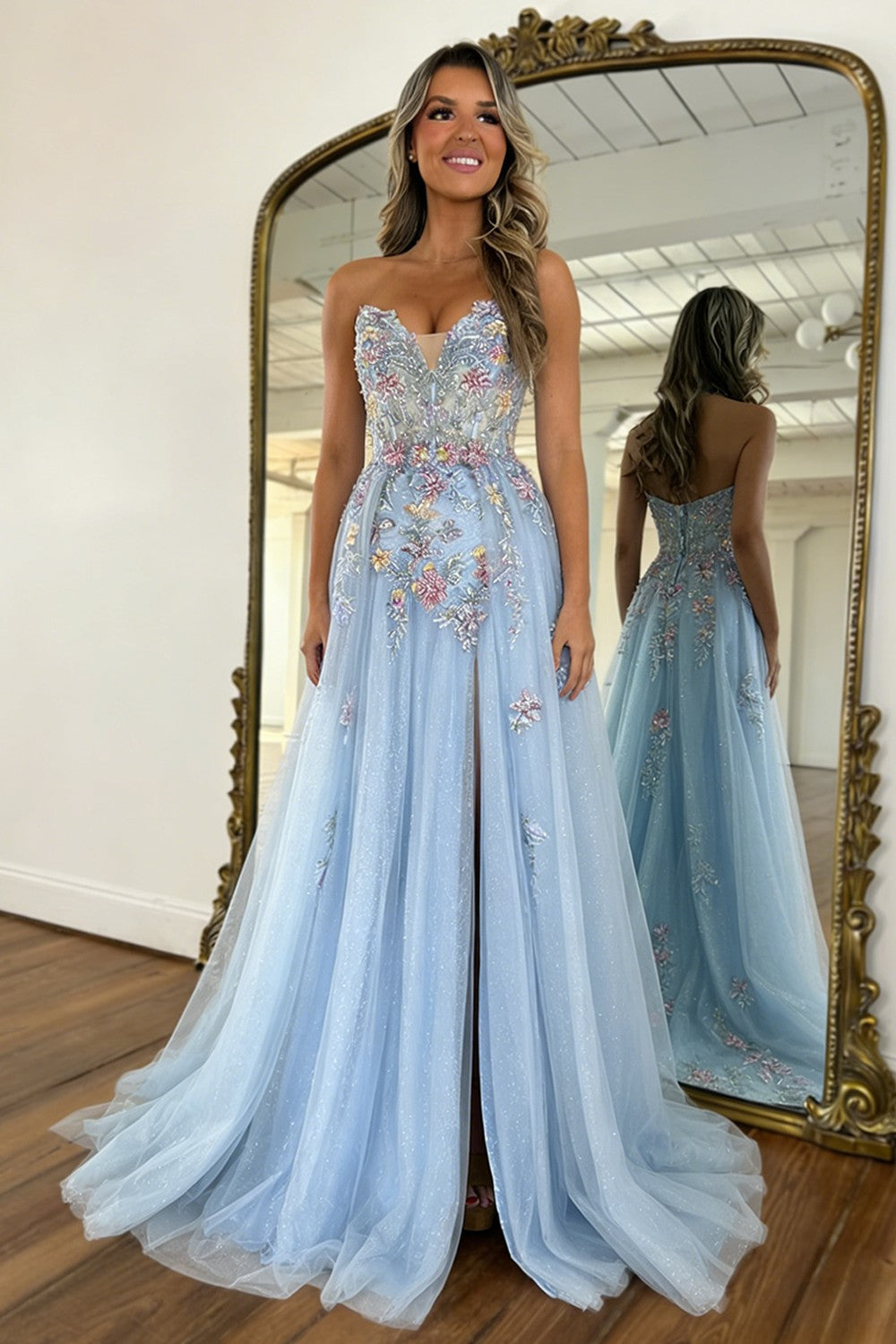 Romantic A Line Sweetheart Light Blue Tulle Prom Dress with Flowing Train