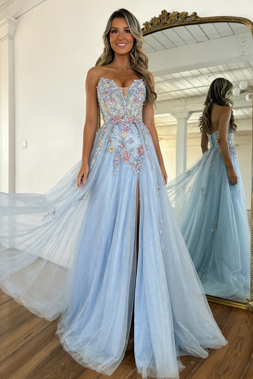 Romantic A Line Sweetheart Light Blue Tulle Prom Dress with Flowing Train