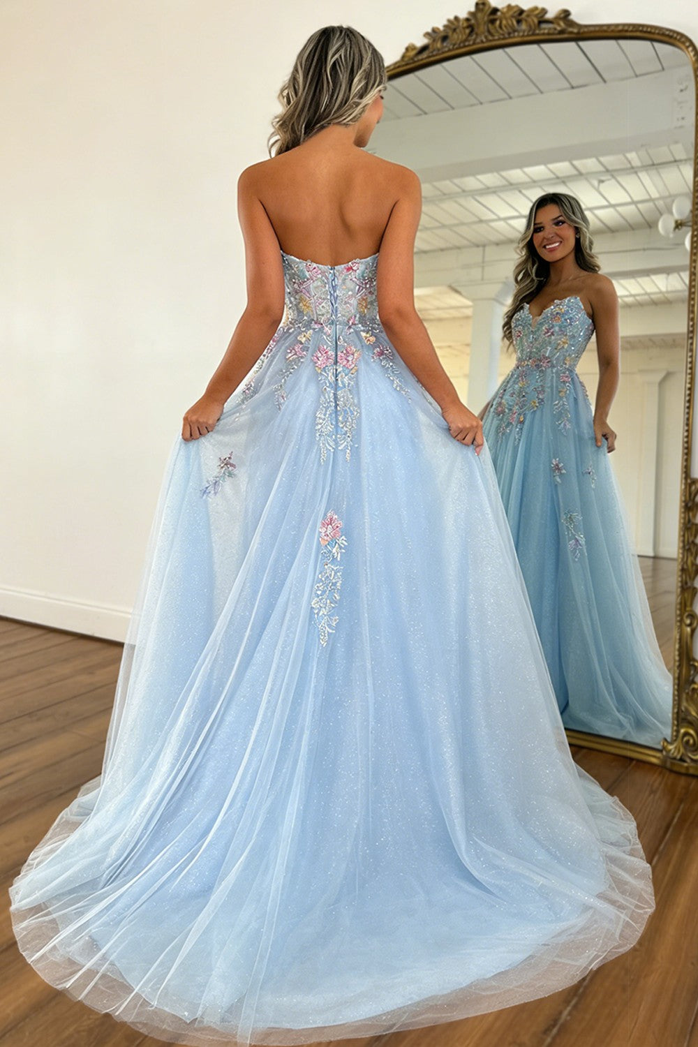 Romantic A Line Sweetheart Light Blue Tulle Prom Dress with Flowing Train