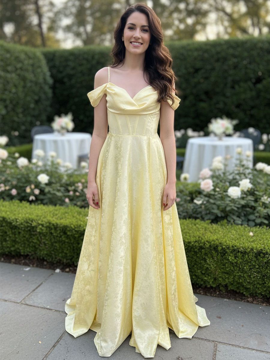 Romantic Off-Shoulder Jacquard A-Line Long Prom Dress - VelvetHem