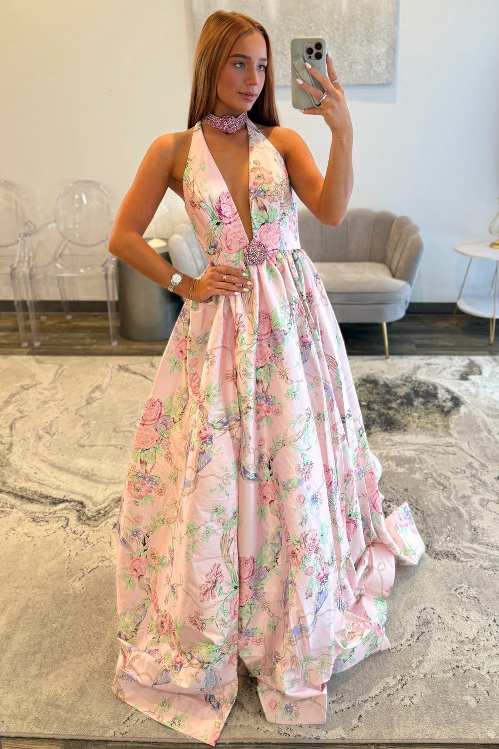 Charming A Line Halter Neck Pink Floral Printed Long Prom Dress with Beading