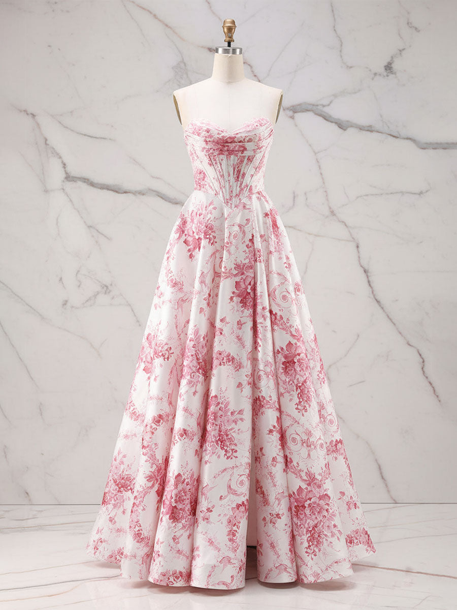Romantic Pink Strapless Toile Print Corset A-Line Prom Dress - VelvetHem