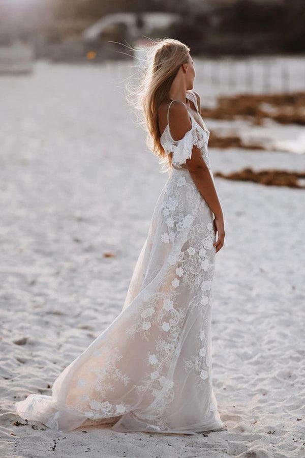 Romantic Spaghetti Straps Floral Lace Beach Wedding Dresses (ZD16213)