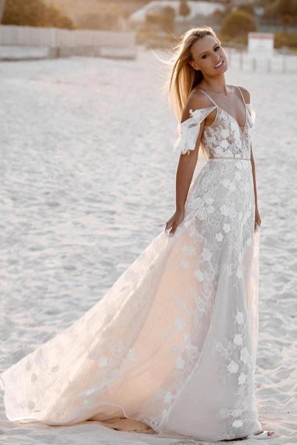 Romantic Spaghetti Straps Floral Lace Beach Wedding Dresses (ZD16213) - VelvetHem