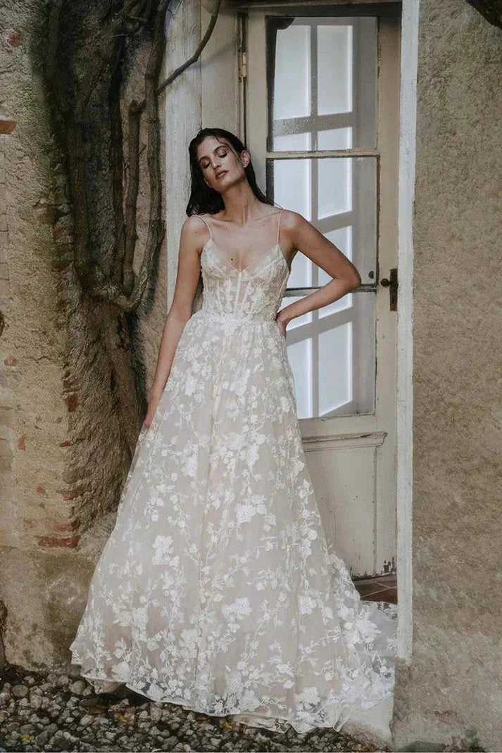 Romantic Straps V-neck Lace Appliques Bohemian Wedding Gown WD685 by pgmdress