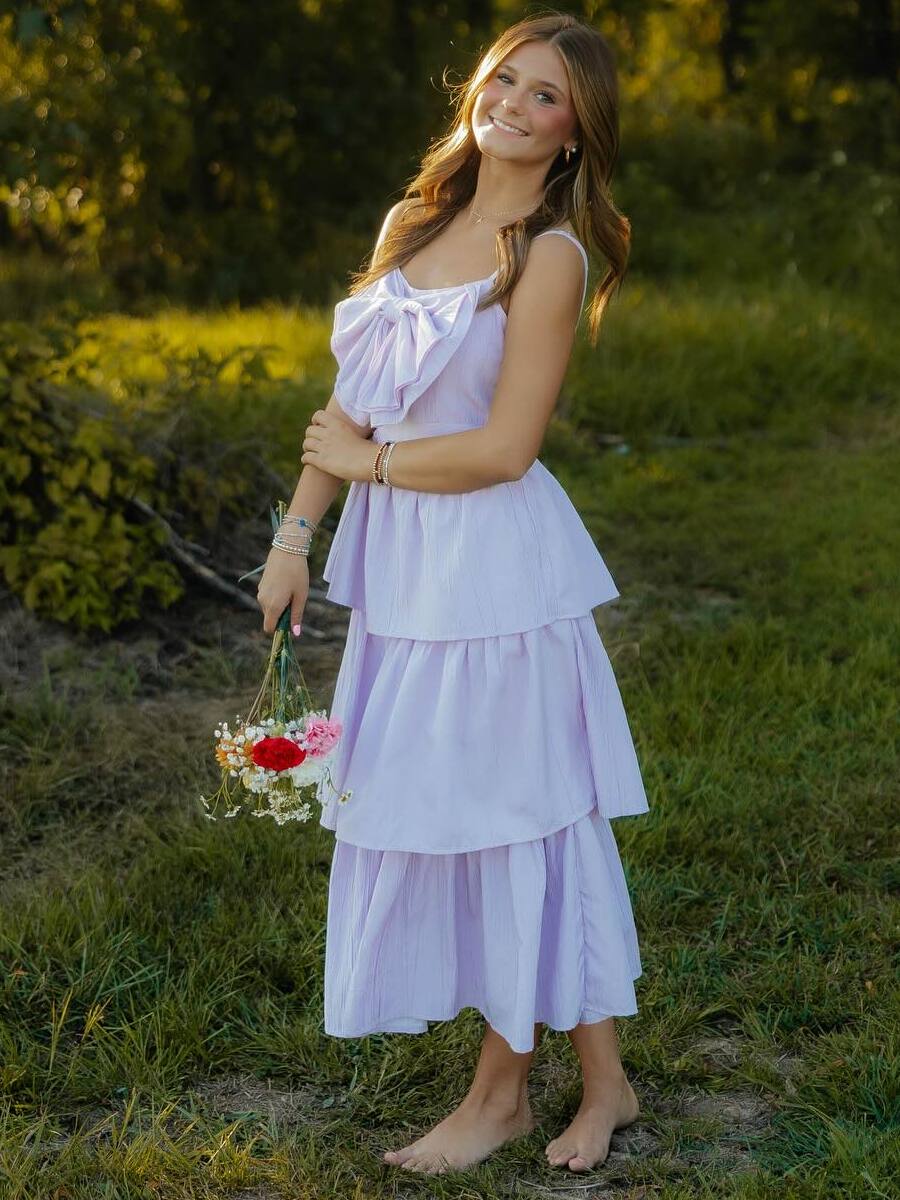 Romantic Tiered Long Prom Dress with Bow Detail - VelvetHem