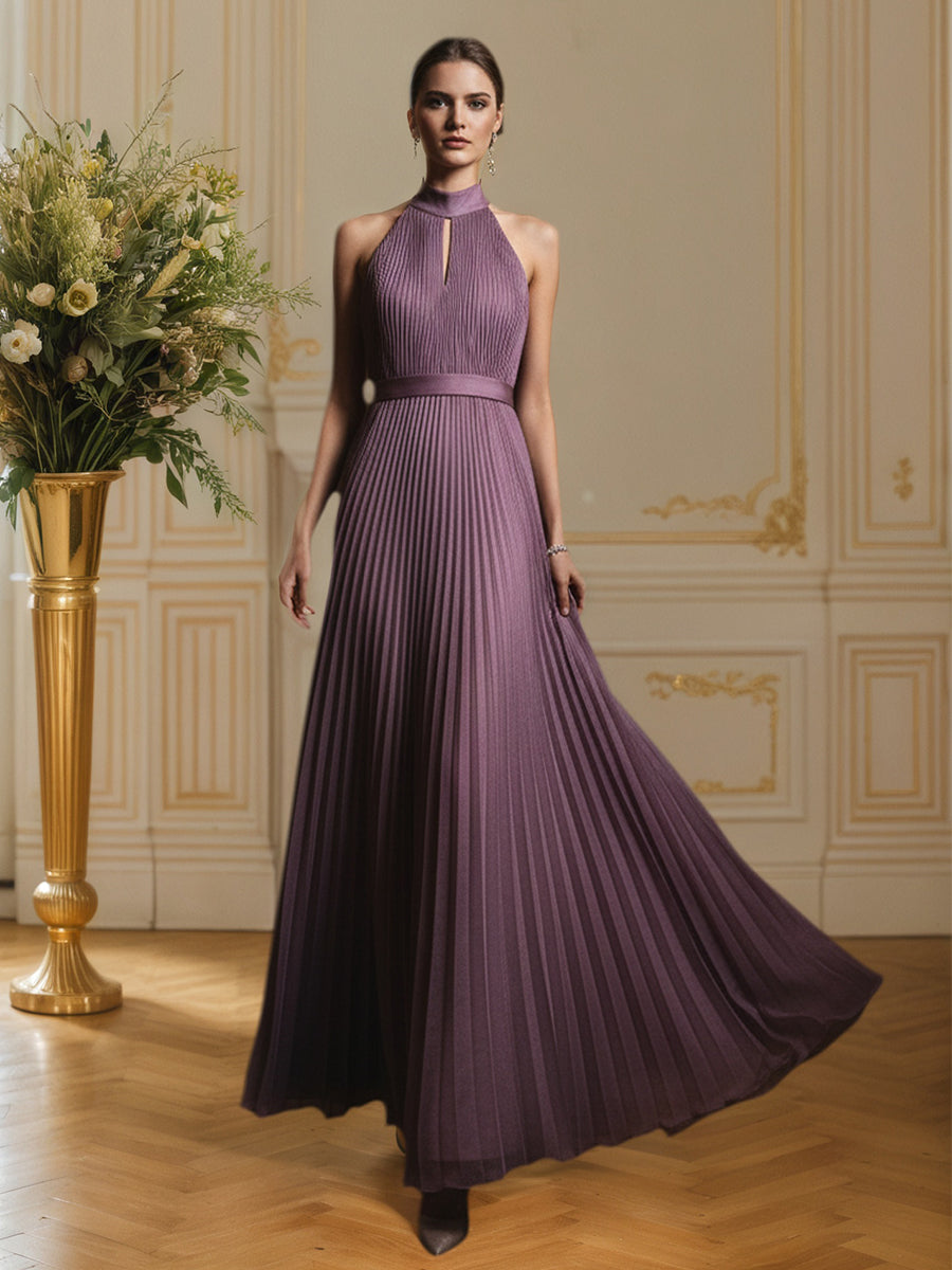 Pleated Cut Out Classic Halter Sleeveless A-Line Maxi Dress - VelvetHem