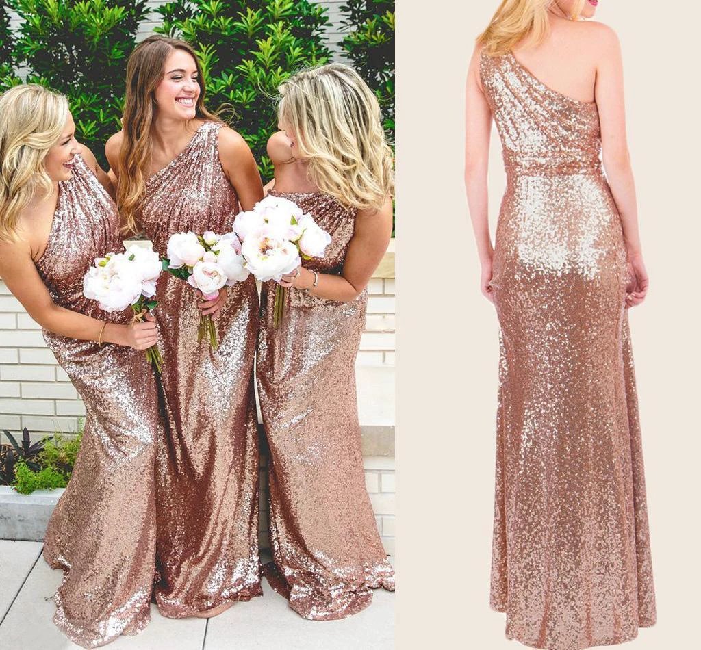 Rose Gold Sparkly Bridesmaid Dresses Sequins Lace One Shoulder (ZD13269)