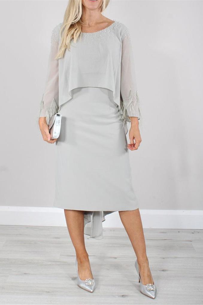 Round Neck Tea Length Mother of the Bride Dress with Tassels and Long Sleeves