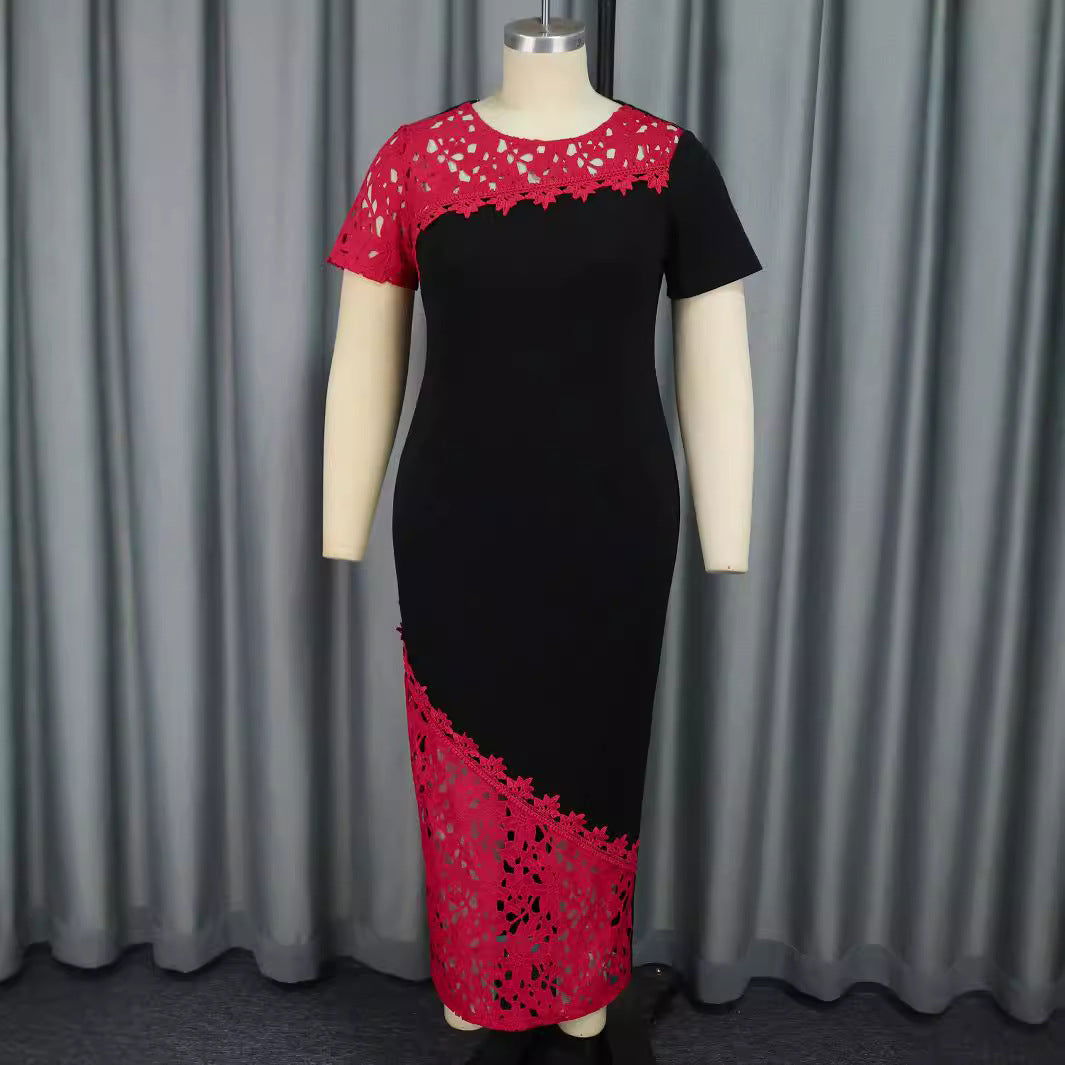 Round Neck Asymmetric Sleeves Dress Party Lace Stitching Contrast Color High Waisted Dress