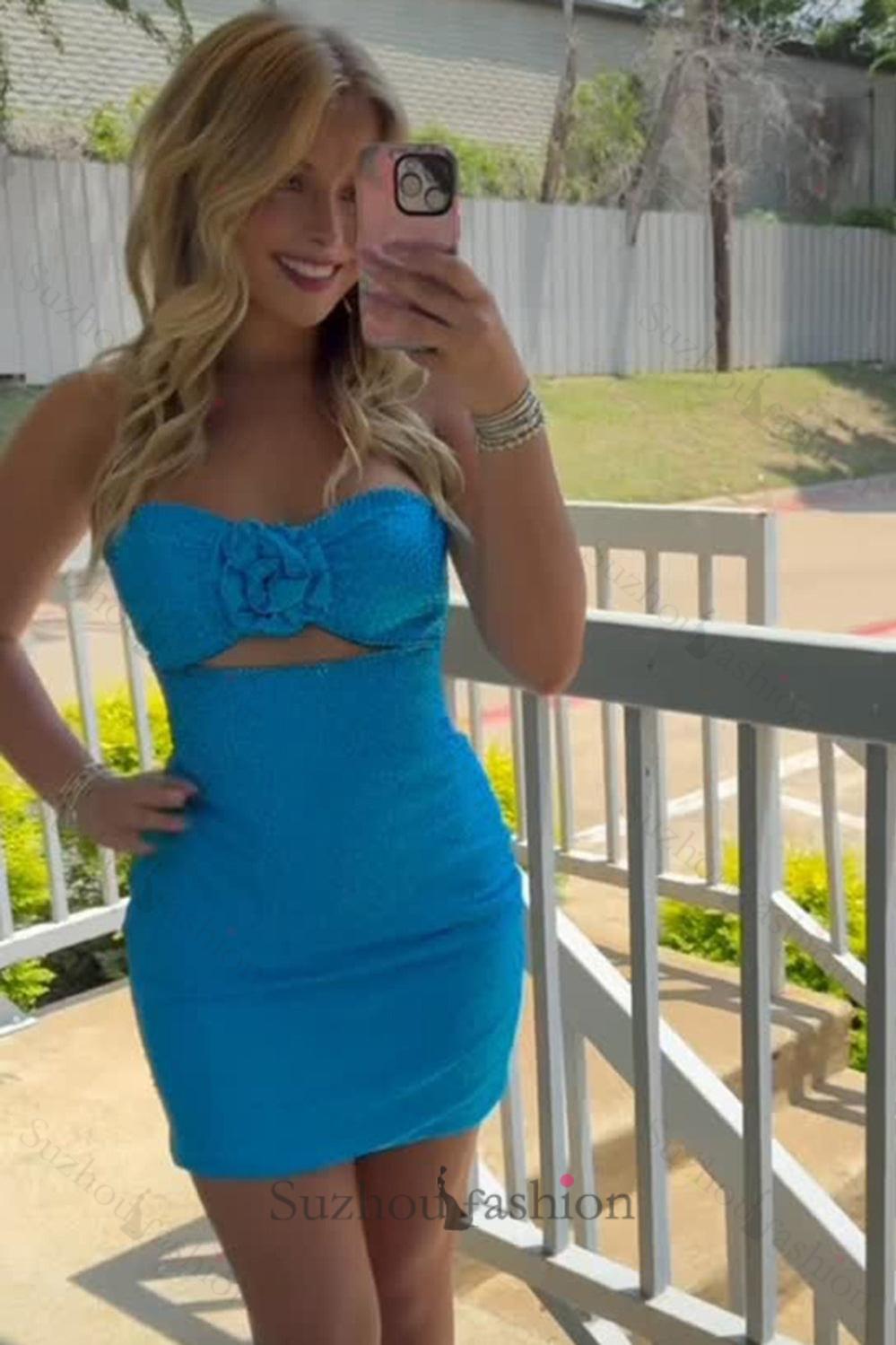 Royal Blue Floral Tight Homecoming Dresses Strapless Short Cocktail Dresses With Beading