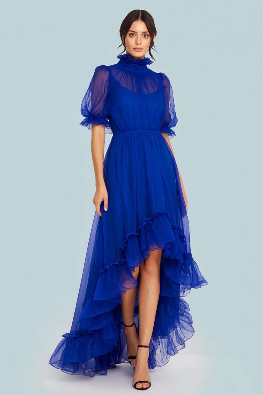 Suzhoufashion Royal Blue High Neck Tulle A Line High-Low Prom Dress With Sleeves