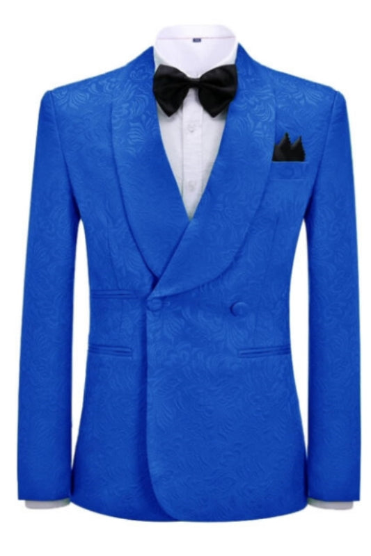 Royal Blue Jacquard Shawl Lapel Double Breasted Wedding Suit