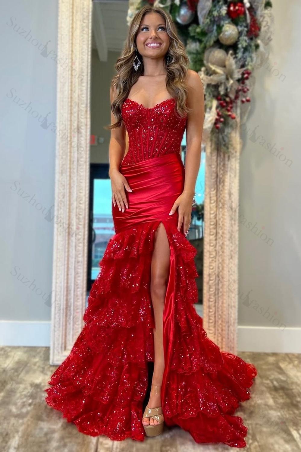 Royal Blue Prom Dress Mermaid Ruffled Formal Dress With Slit
