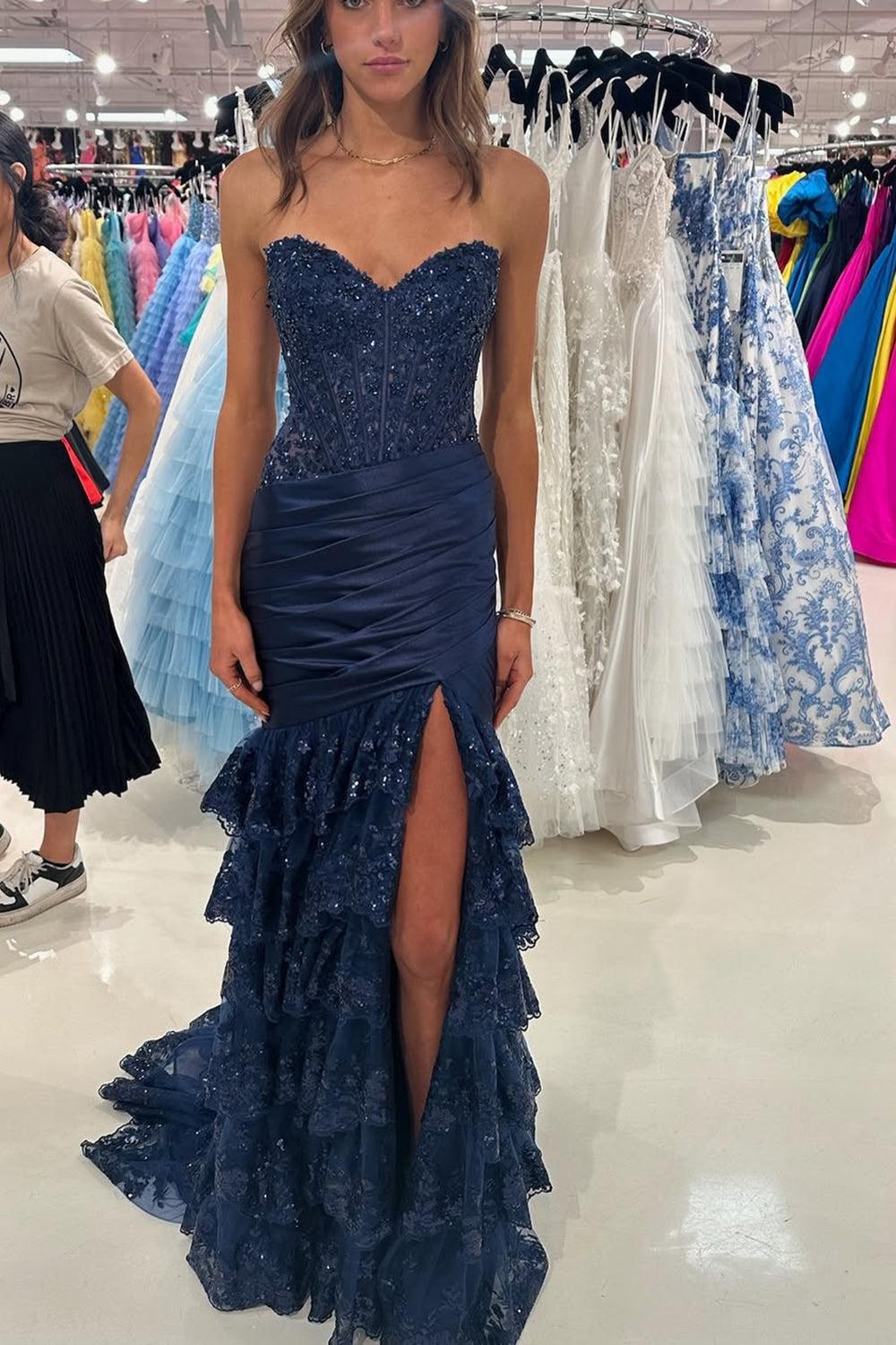 Royal Blue Prom Dress Mermaid Ruffled Formal Dress With Slit