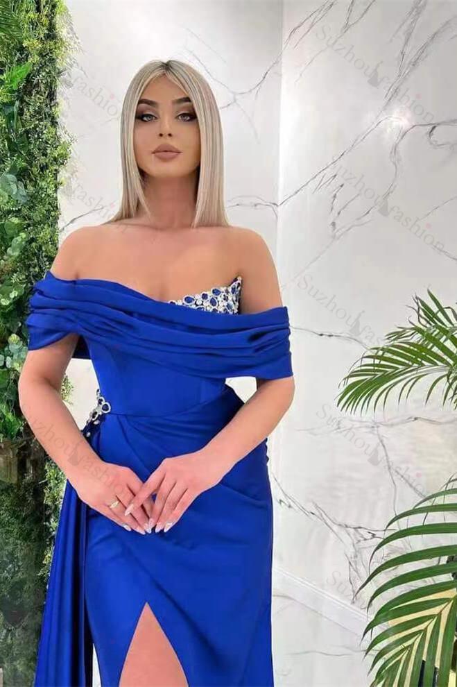 Royal Blue Prom Dress Off the Shoulder Sleeveless Evening Formal Dress Mermaid Split With Ruffled