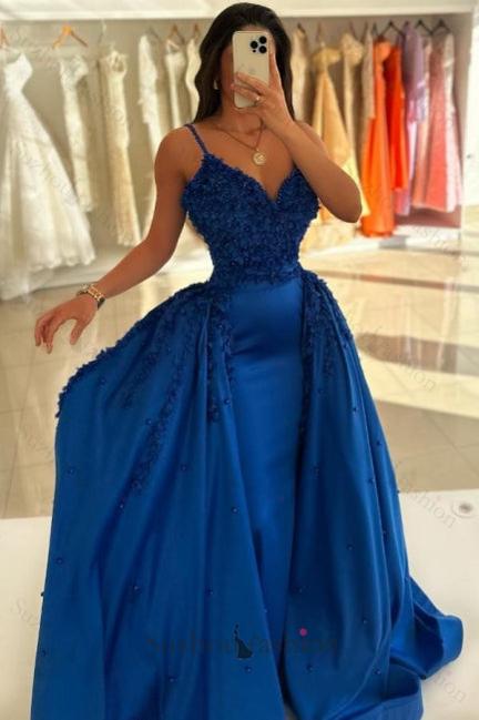 Royal Blue Prom Dress Spaghetti Strap A Line Satin Formal Dress with Panel Train
