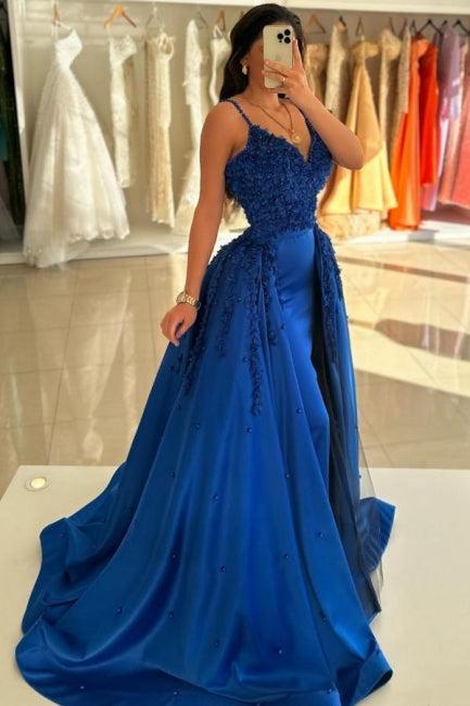 Royal Blue Prom Dress Spaghetti Strap A Line Satin Formal Dress with Panel Train