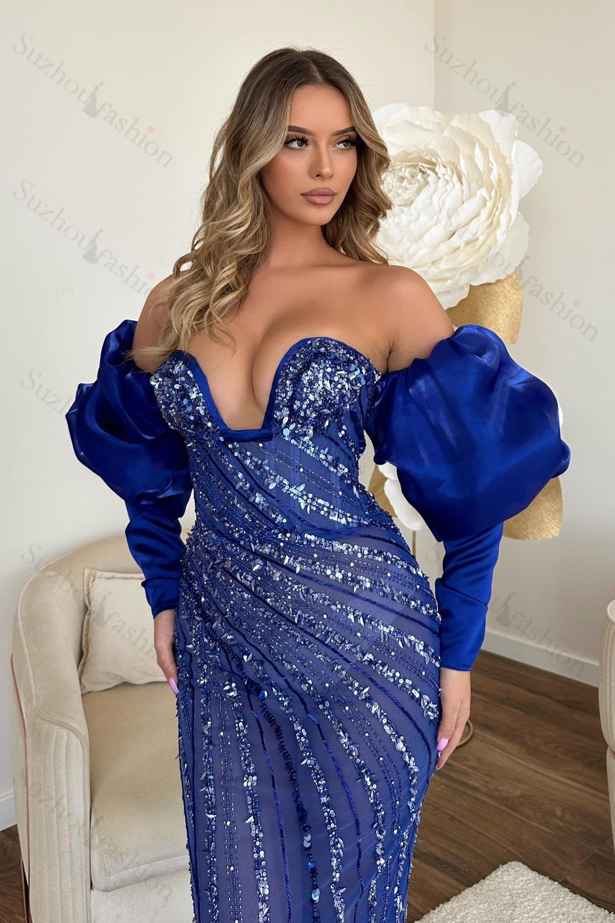 Royal Blue Prom Dress Sweetheart Bubble Long Sleeves Strapless Mermaid Sequined Evening Formal Dress