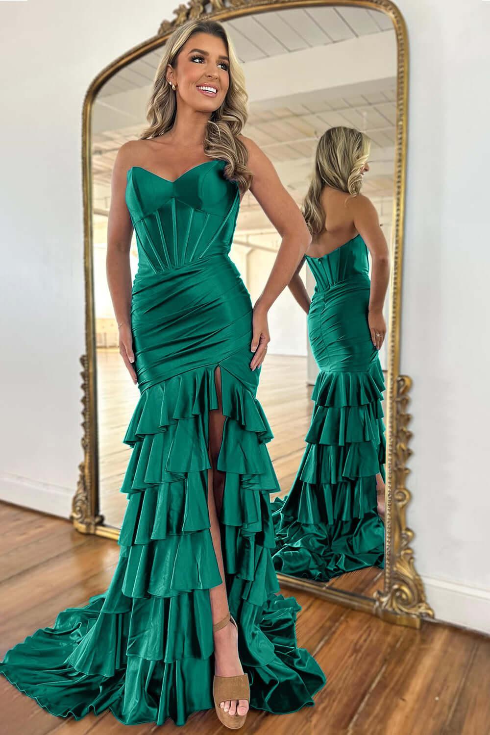 Mermaid Sage Prom Dress Sweetheart Corset Ruffled Long Formal Dress With Slit