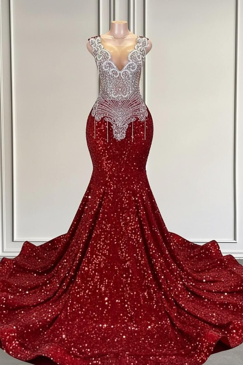 Royal Blue sequin Silver Beaded Mermaid Long V-neck Prom Party Dresses