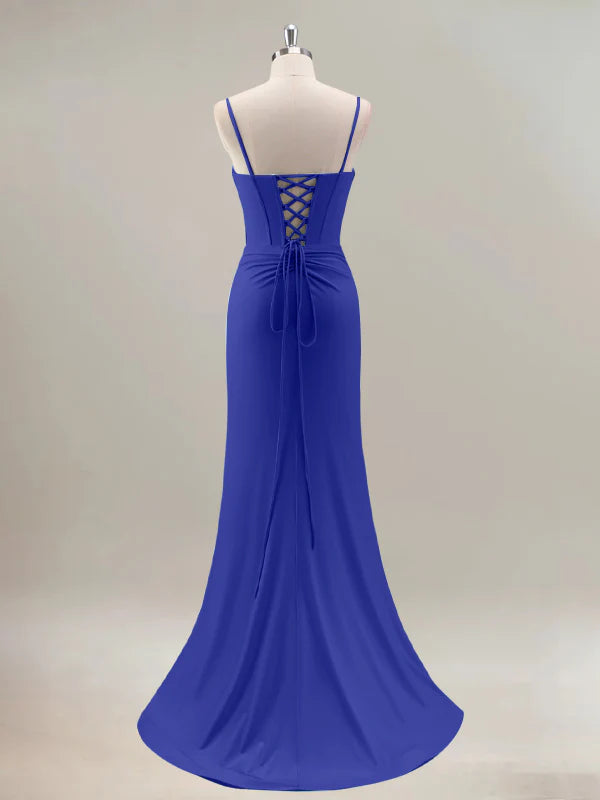 Royal Blue Mermaid Spaghetti Straps Corset Long Prom Dress With Beading