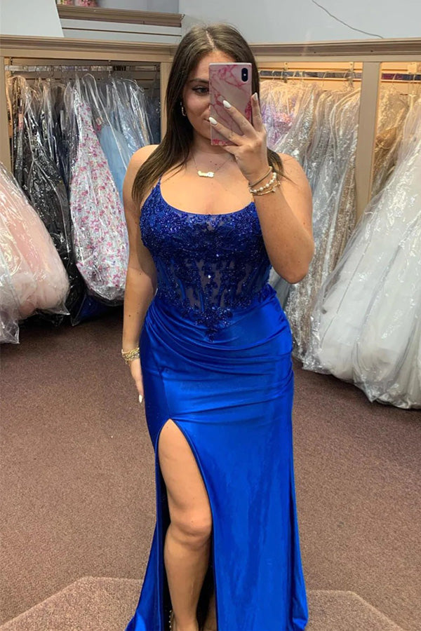 Royal Blue Lace-Up Mermaid Satin Long Prom Dress with Slit - VelvetHem