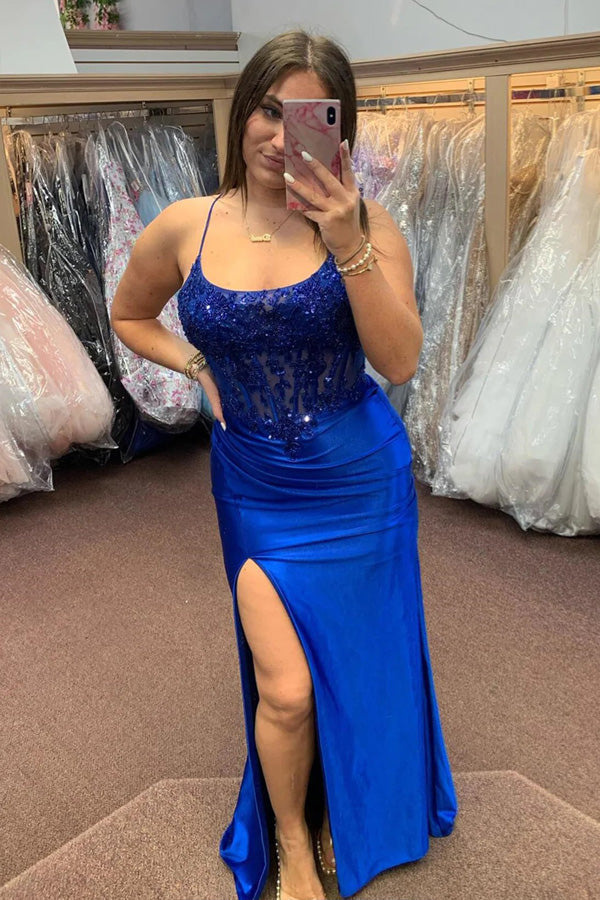 Royal Blue Lace-Up Mermaid Satin Long Prom Dress with Slit