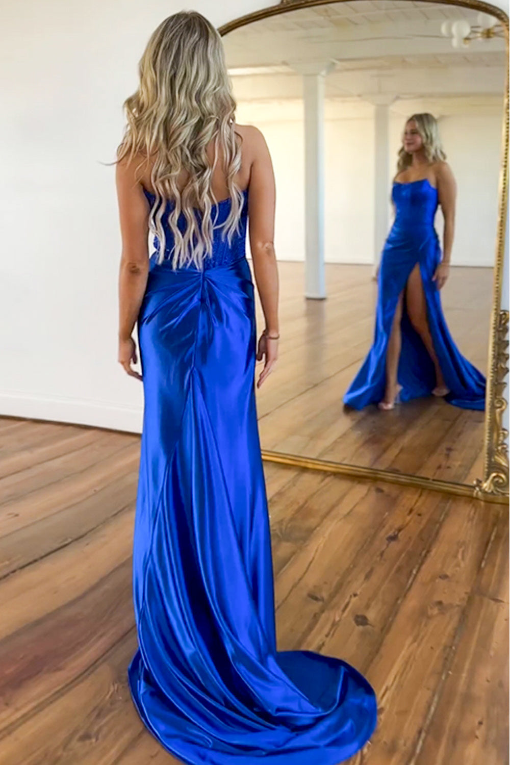 Royal Blue Mermaid Strapless Beaded Top Long Satin Prom Dress - View 3 | VelvetHem