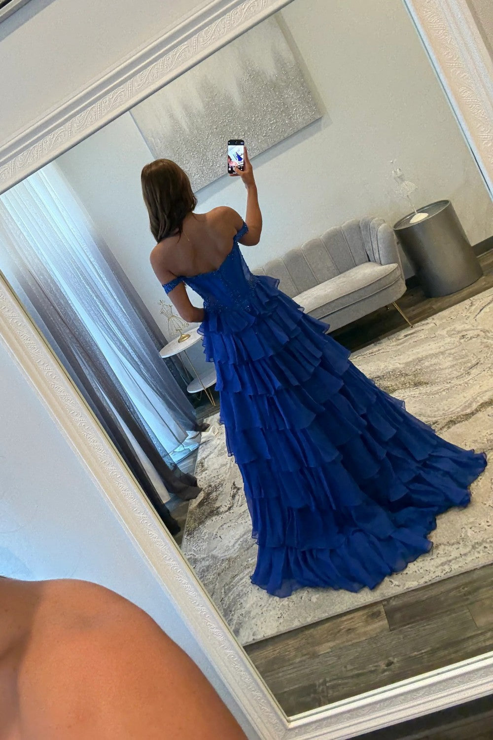 Royal Blue Off Shoulder Sweetheart Prom Dress with Beaded Illusion Bodice and Layered Ruffle Slit Skirt - View 2 | VelvetHem