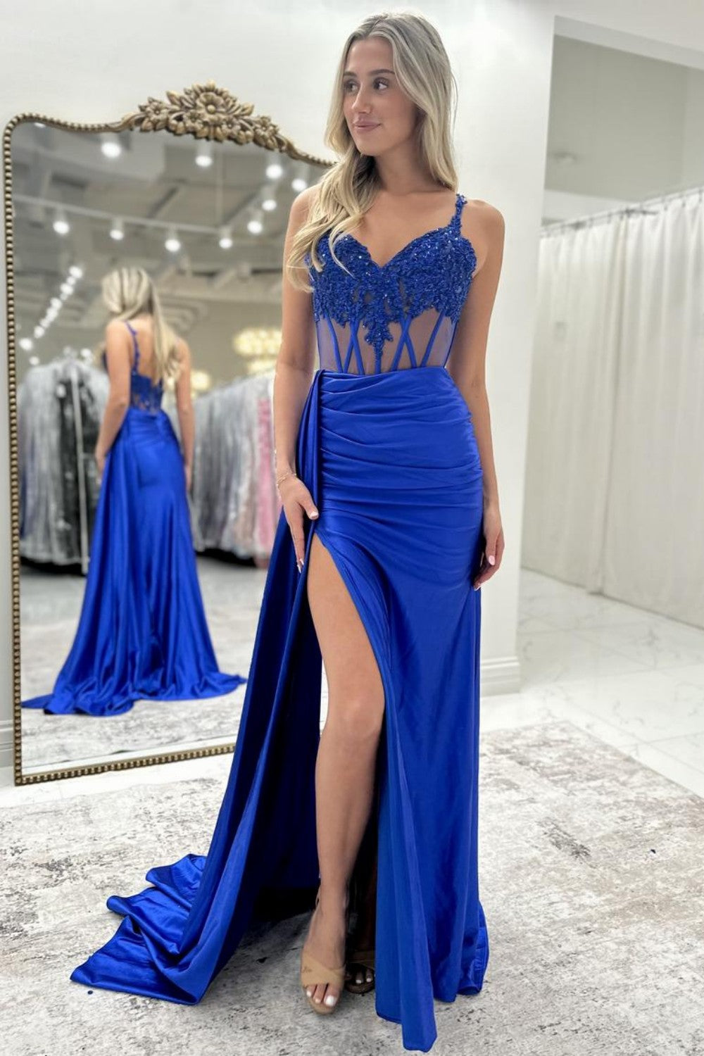 Gorgeous Mermaid Spaghetti Straps Royal Blue Corset Prom Dress with Appliques - View 2 | VelvetHem
