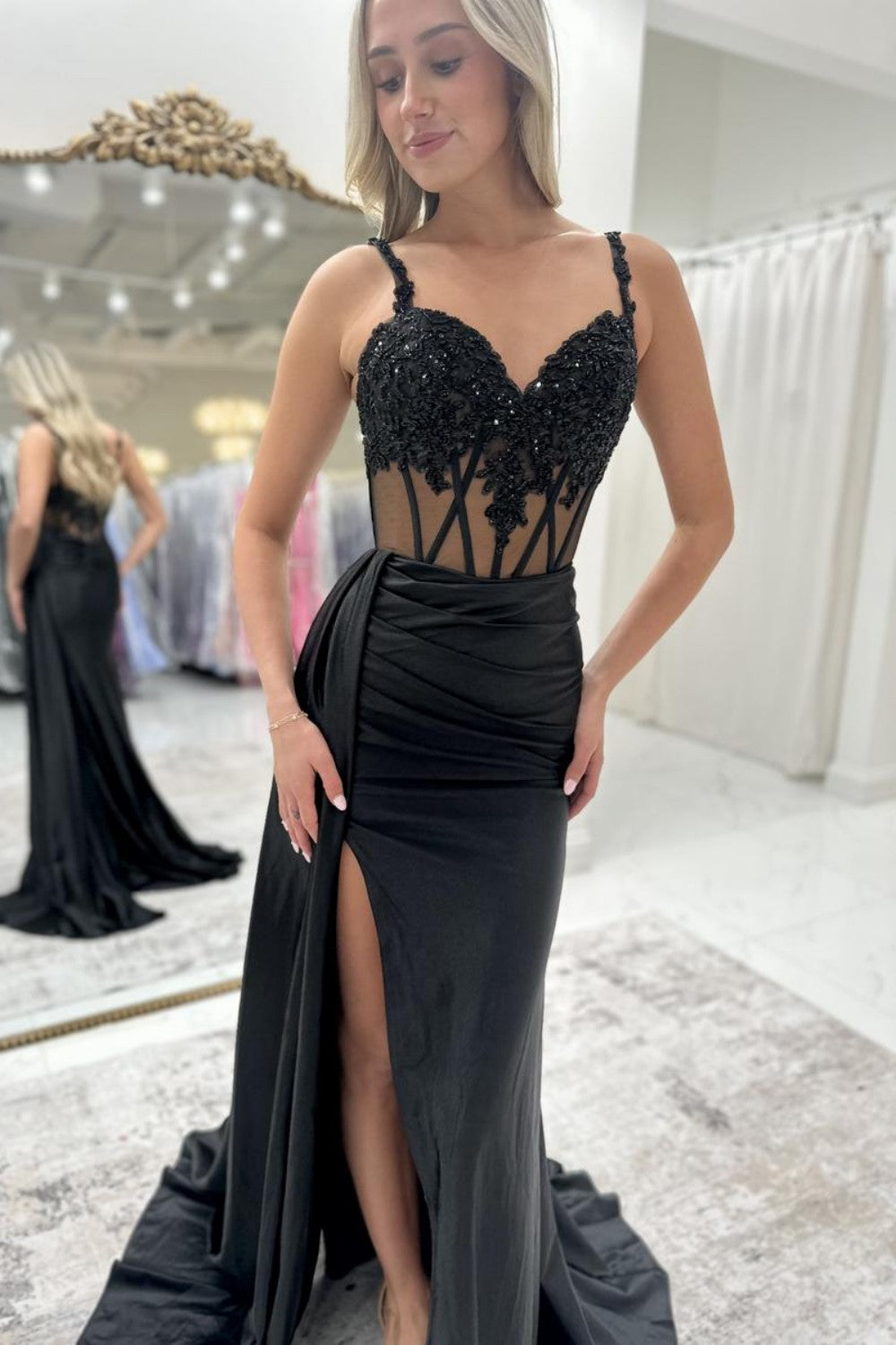 Gorgeous Mermaid Spaghetti Straps Royal Blue Corset Prom Dress with Appliques - View 4 | VelvetHem