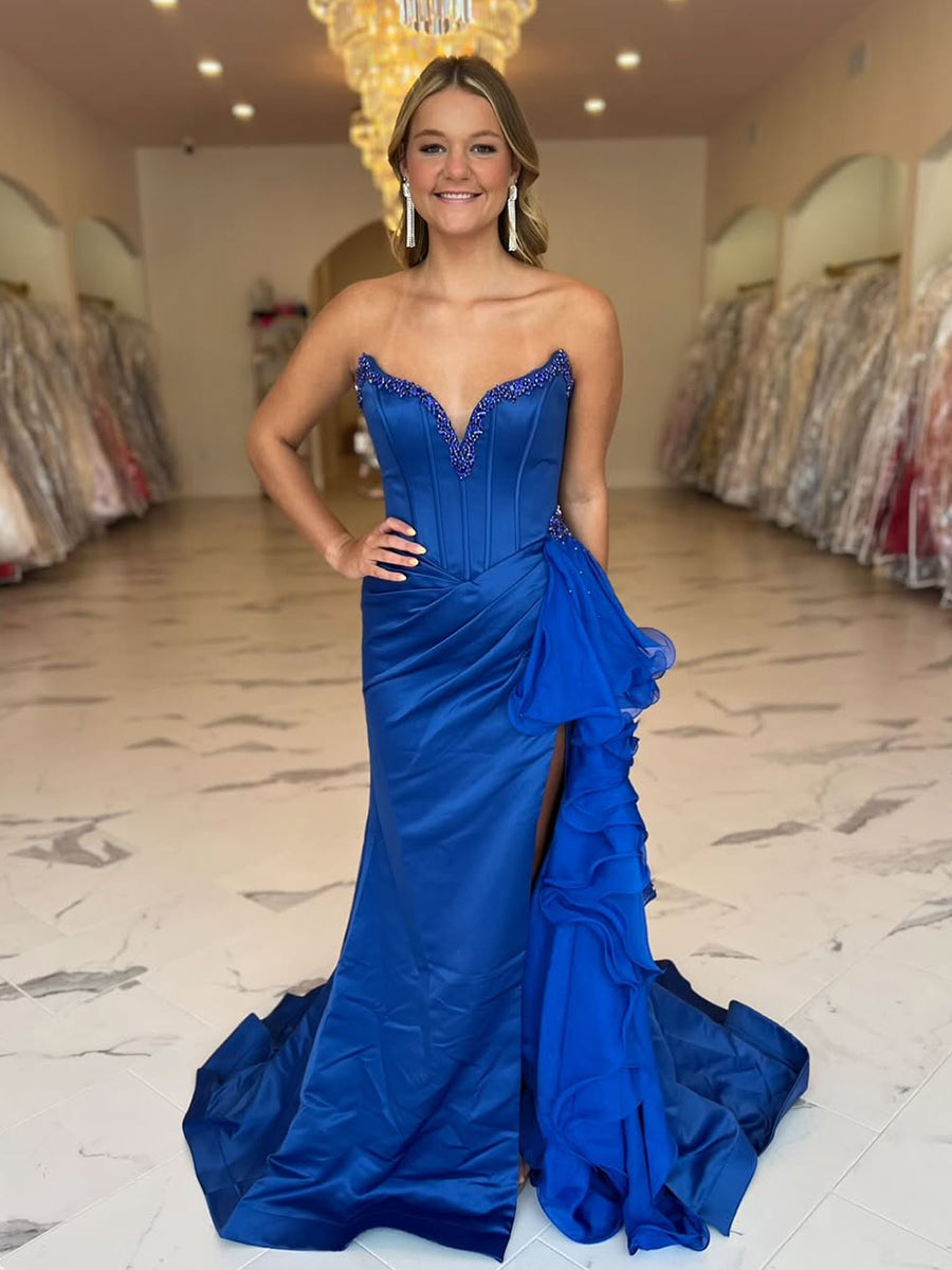 Royal Blue Strapless Satin Ruffled Long Corset Prom Dress with Slit - VelvetHem